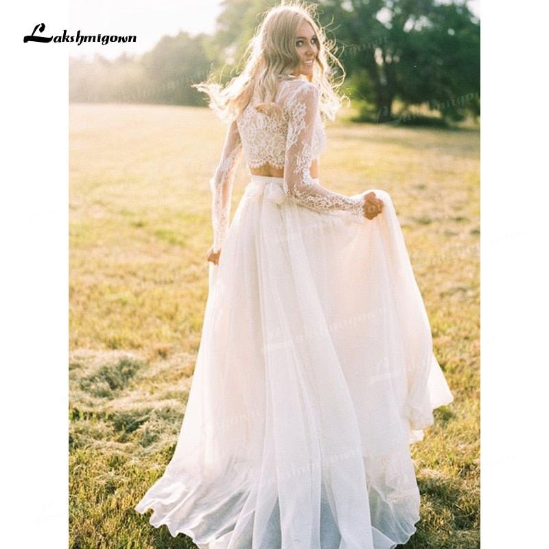 NumberSea - NumberSea Boho&Fashion A Line Two Piece O Neck Long Sleeves Lace Wedding Dresses Floor - Length Zipper - up Ivory Illusion vestidos de novia