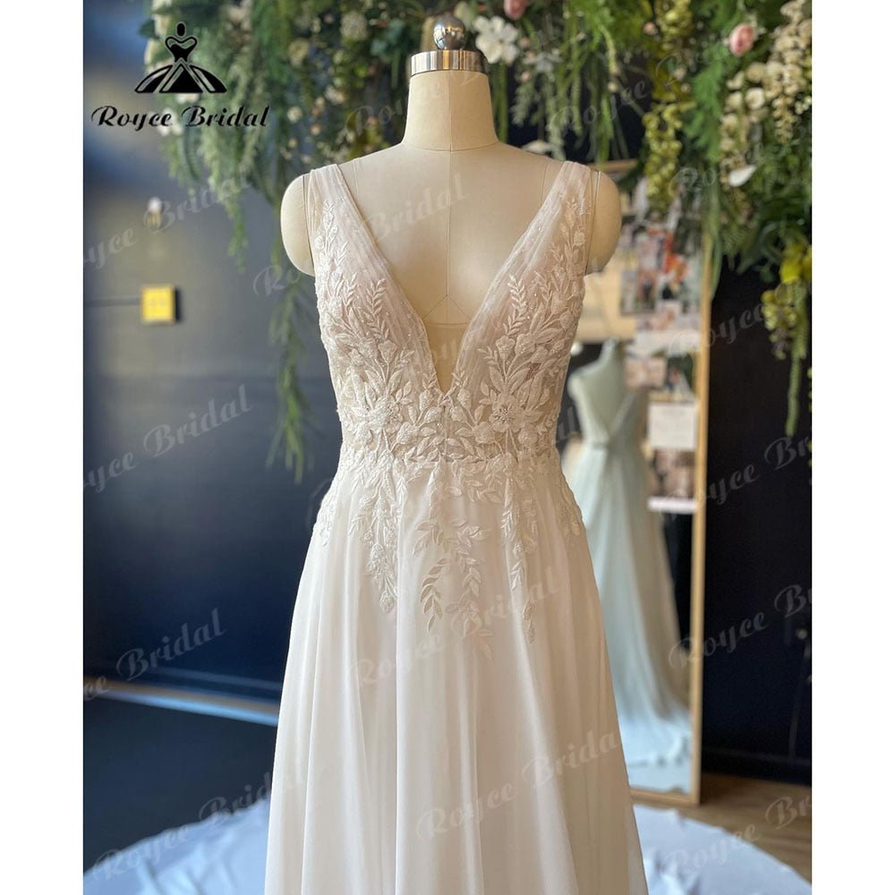 NumberSea - NumberSea Brautkleid Boheme Tank Boho Lace Chiffon Sleeveless Wedding Dress with V Neck 2025 Bridal Gown Appliques vestido de novia Women