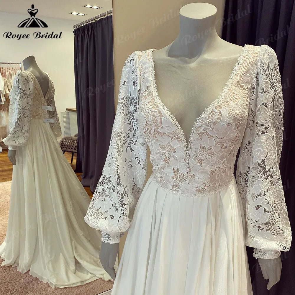 NumberSea - NumberSea Brautkleid Civil Bohemia Lace Bodice Chiffon Puff Long Sleeve Wedding Dress with V Neck 2024 Backless Beach Bridal Gown Women