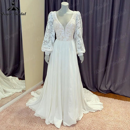 NumberSea - NumberSea Brautkleid Civil Bohemia Lace Bodice Chiffon Puff Long Sleeve Wedding Dress with V Neck 2024 Backless Beach Bridal Gown Women