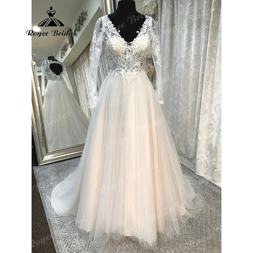 NumberSea - NumberSea Brautkleid Long Sleeve V Neck Lace Bodice Open Back Beach Boho Wedding Dress 2025 Generous Bridal Wedding Gown robe mariage Sexy