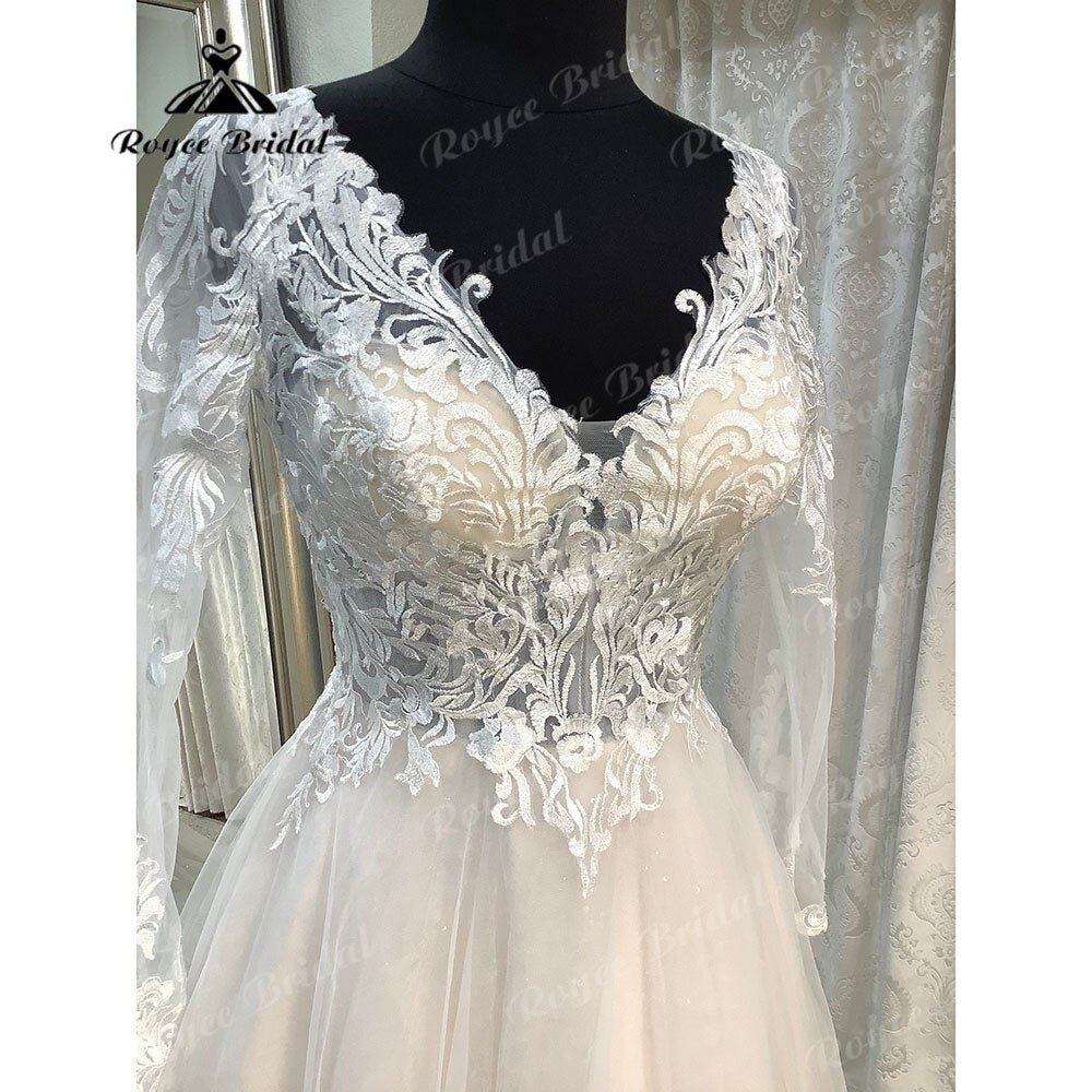 NumberSea - NumberSea Brautkleid Long Sleeve V Neck Lace Bodice Open Back Beach Boho Wedding Dress 2025 Generous Bridal Wedding Gown robe mariage Sexy