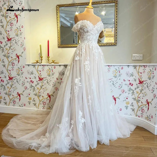 NumberSea - NumberSea Bridal Boho Wedding Gown Off The Shoulder Plus Size Women Church Wedding Dresses Sweetheart Lace Appliques