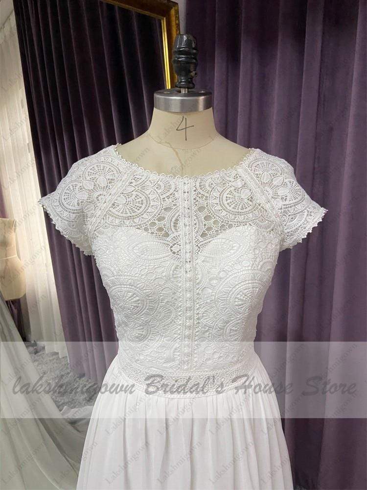 NumberSea - NumberSea Cap Short Sleeve Beach Wedding Dress Lace Bodice Sexy Chiffon A Line