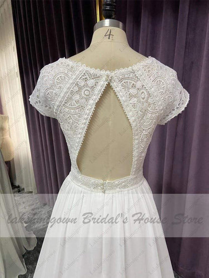 NumberSea - NumberSea Cap Short Sleeve Beach Wedding Dress Lace Bodice Sexy Chiffon A Line