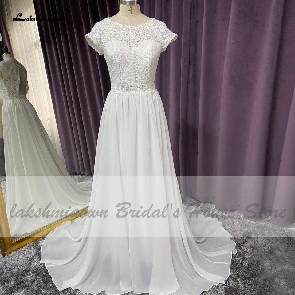 NumberSea - NumberSea Cap Short Sleeve Beach Wedding Dress Lace Bodice Sexy Chiffon A Line