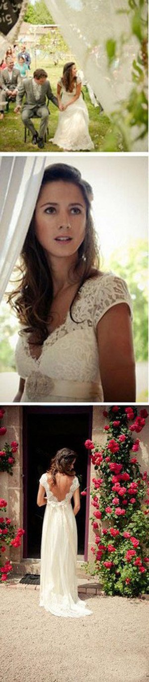 NumberSea - NumberSea Cap Sleeve A Line V Back Cheap Long Lace Wedding Dresses, Bridal Dress, MW139