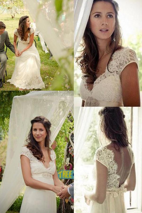 NumberSea - NumberSea Cap Sleeve A Line V Back Cheap Long Lace Wedding Dresses, Bridal Dress, MW139