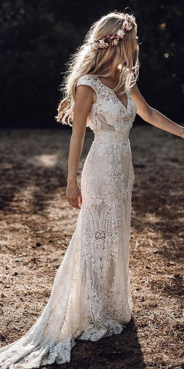 NumberSea - NumberSea Cap Sleeve Sheath Boho Wedding Dresses Vintage Lace Rustic Wedding Dress,MW314