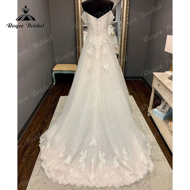 NumberSea - NumberSea Cap Sleeve Sweep Train V Neck Lace Appliques Wedding Dress Off the Shoulder Sweep Train 2025 Civil Bridal Boho Wedding Gowns