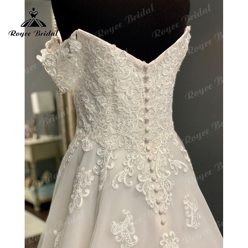 NumberSea - NumberSea Cap Sleeve Sweep Train V Neck Lace Appliques Wedding Dress Off the Shoulder Sweep Train 2025 Civil Bridal Boho Wedding Gowns