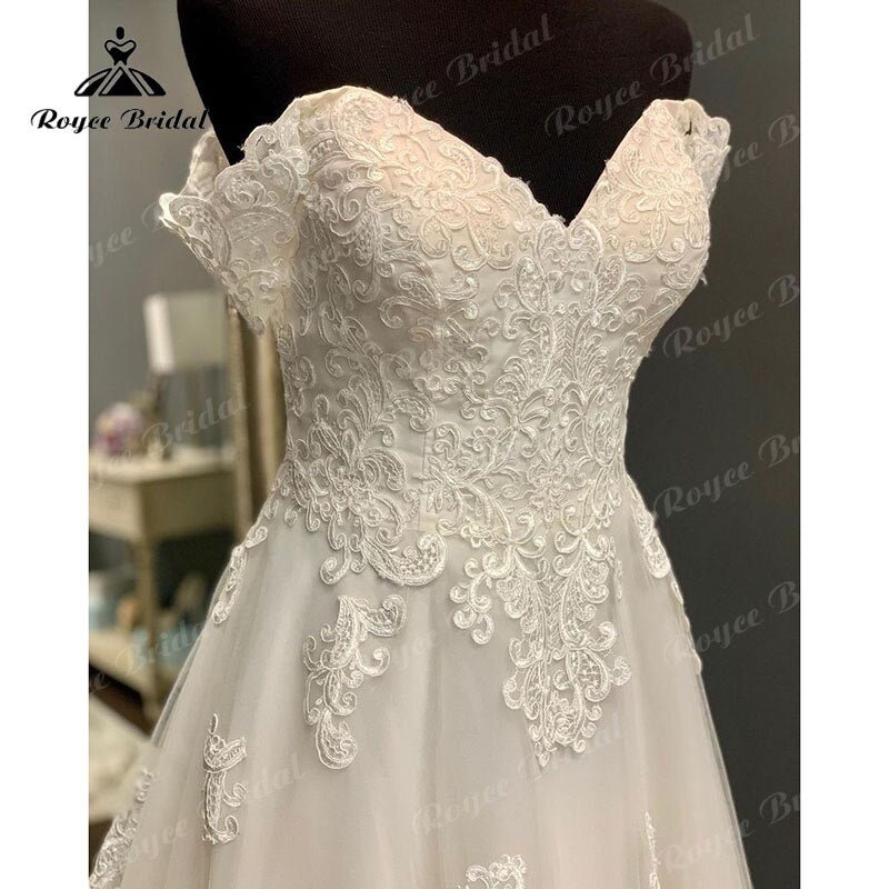 NumberSea - NumberSea Cap Sleeve Sweep Train V Neck Lace Appliques Wedding Dress Off the Shoulder Sweep Train 2025 Civil Bridal Boho Wedding Gowns