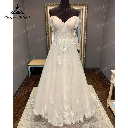 NumberSea - NumberSea Cap Sleeve Sweep Train V Neck Lace Appliques Wedding Dress Off the Shoulder Sweep Train 2025 Civil Bridal Boho Wedding Gowns