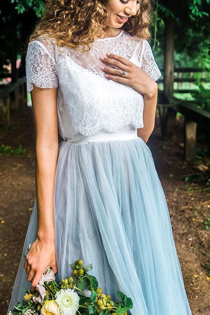 NumberSea - NumberSea Casual Country Style Two Piece Lace Top Tulle Skirt Wedding Dresses, MW535