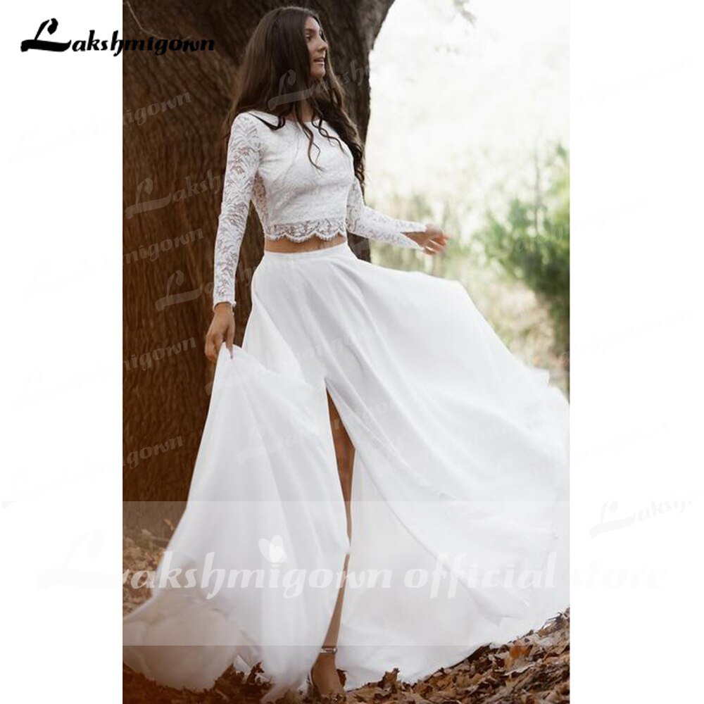 NumberSea - NumberSea Casual Long Sleeve Two Piece Chiffon Lace Bateau Wedding Dress With Split Front Bridal Gown Robe De Mariée Lakshmigown