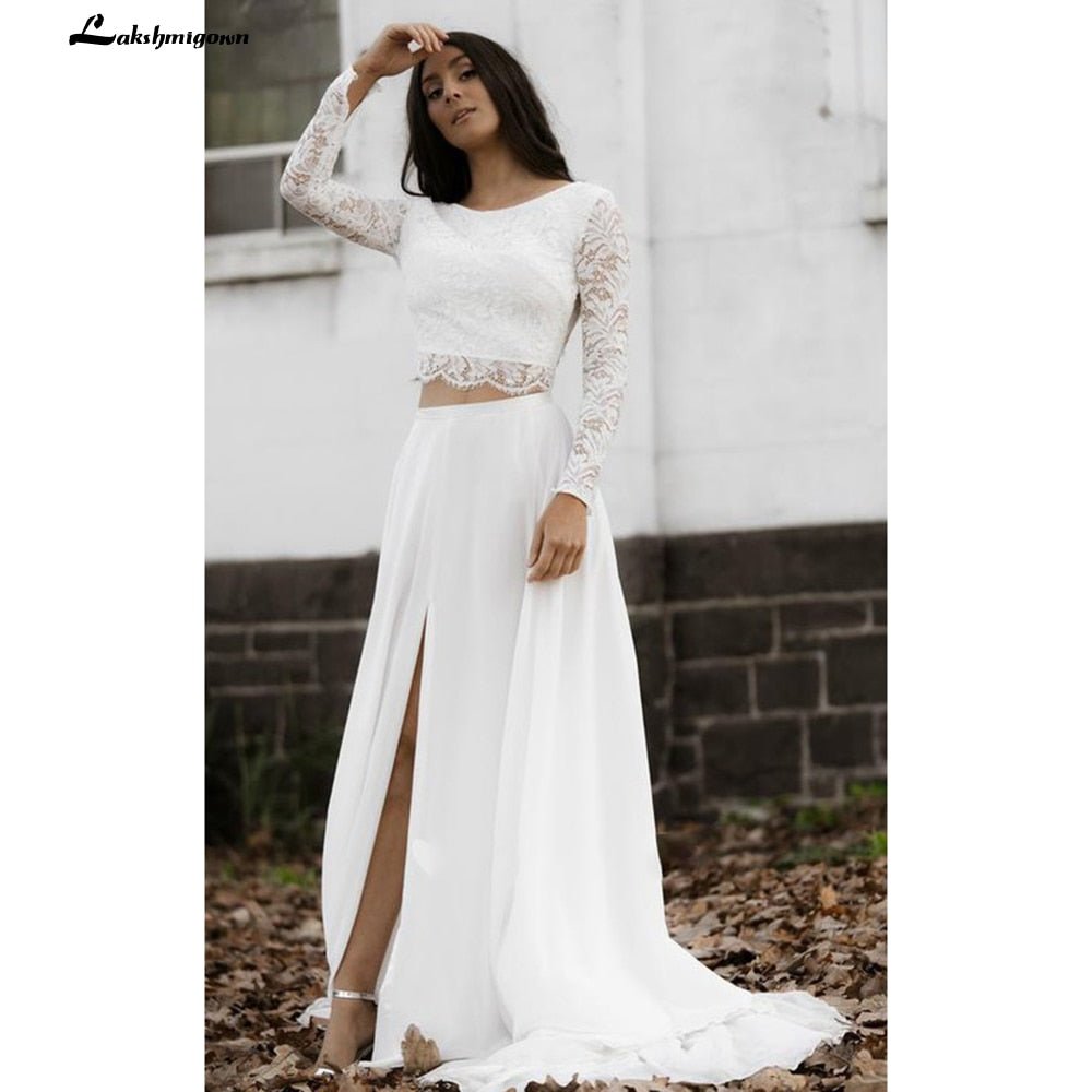 NumberSea - NumberSea Casual Long Sleeve Two Piece Chiffon Lace Bateau Wedding Dress With Split Front Bridal Gown Robe De Mariée Lakshmigown