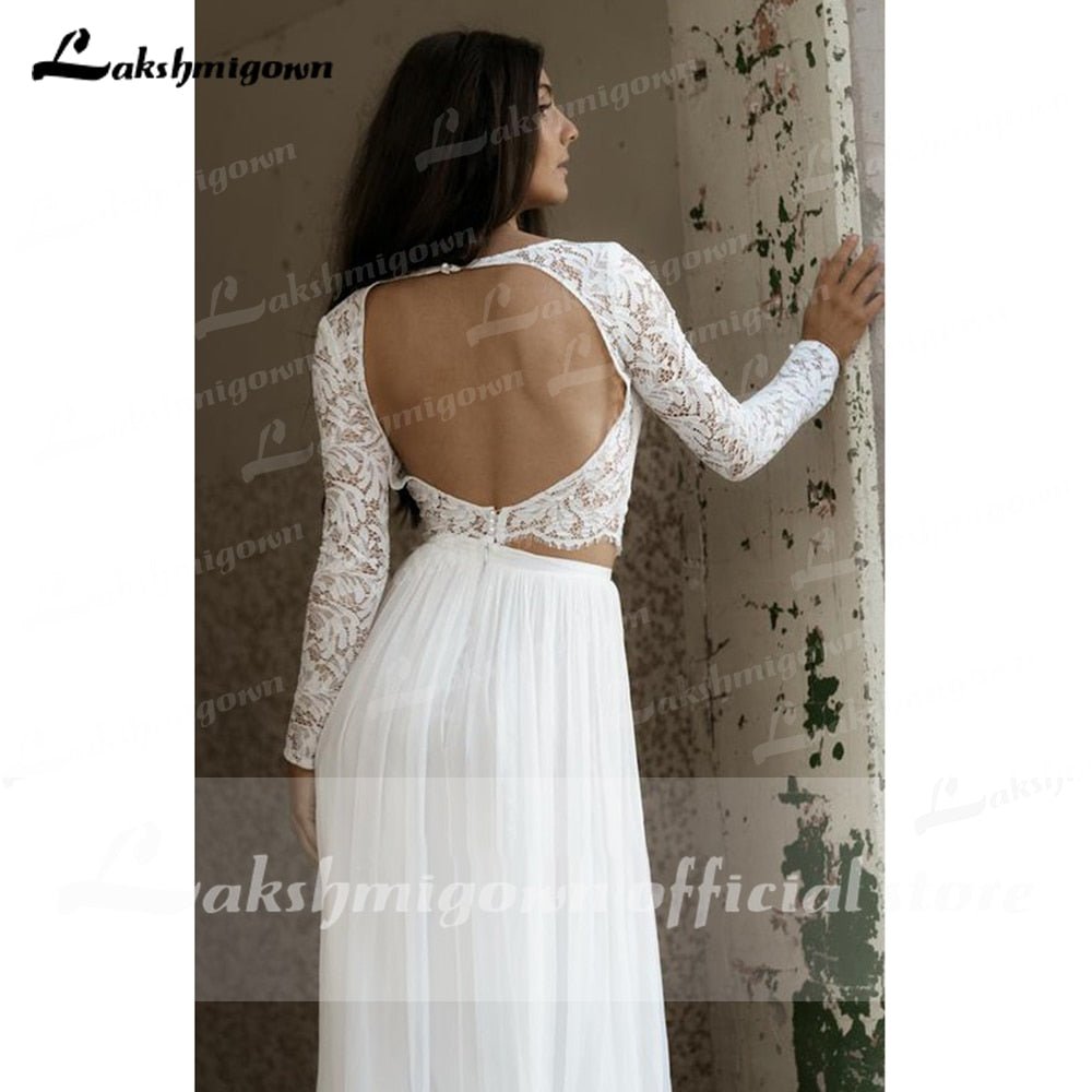 NumberSea - NumberSea Casual Long Sleeve Two Piece Chiffon Lace Bateau Wedding Dress With Split Front Bridal Gown Robe De Mariée Lakshmigown