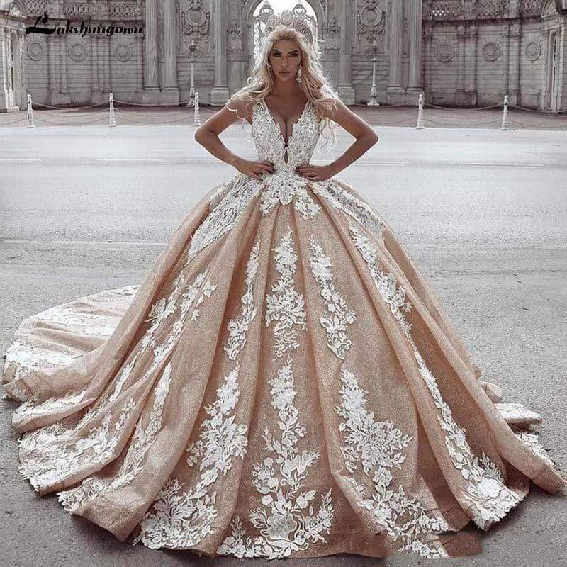 NumberSea - NumberSea Champagne Ball Gown Wedding Dresses Lace Appliqued Deep V Neck