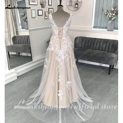 NumberSea - NumberSea Champagne Beach Formal Wedding Dresses Sweep Train Sleeveless Lace With Appliques 2025 Bridal Gowns