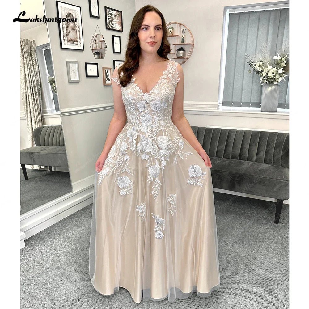 NumberSea - NumberSea Champagne Beach Formal Wedding Dresses Sweep Train Sleeveless Lace With Appliques 2025 Bridal Gowns