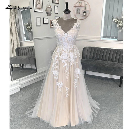 NumberSea - NumberSea Champagne Beach Formal Wedding Dresses Sweep Train Sleeveless Lace With Appliques 2025 Bridal Gowns