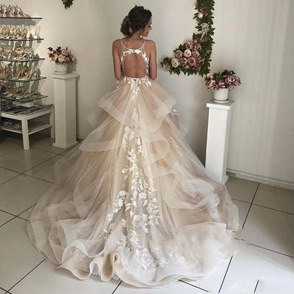 NumberSea - NumberSea Champagne Floral Lace Wedding Dresses Sexy Backless Ruffles Puffy Bridal Gowns Beach Wedding Gowns Vestido De Noiva