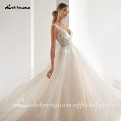 NumberSea - NumberSea Champagne Wedding Dresses A - line Appliques Floor Length