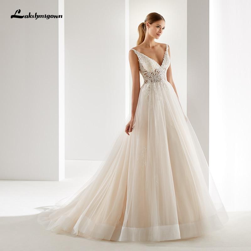 NumberSea - NumberSea Champagne Wedding Dresses A - line Appliques Floor Length