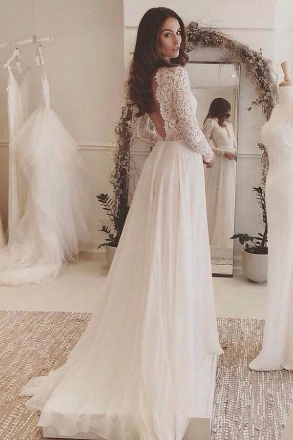 NumberSea - NumberSea Charming Affordable Chiffon Long Sleeve V Neck Formal Long Wedding Dresses, MW116