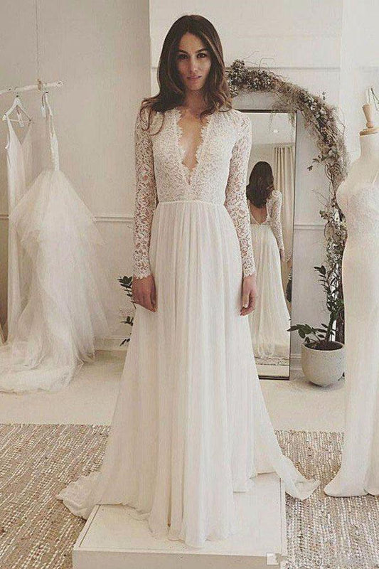 NumberSea - NumberSea Charming Affordable Chiffon Long Sleeve V Neck Formal Long Wedding Dresses, MW116