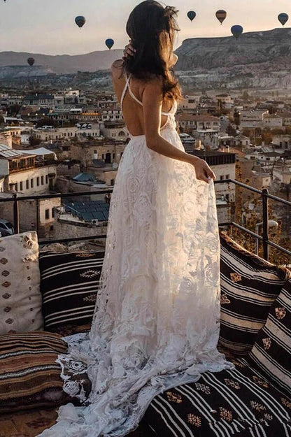 NumberSea - NumberSea Charming Ivory Boho Lace Bohemian Long Beach Wedding Dresses Bridal Dress, MW263