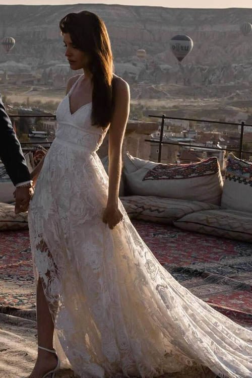 NumberSea - NumberSea Charming Ivory Boho Lace Bohemian Long Beach Wedding Dresses Bridal Dress, MW263