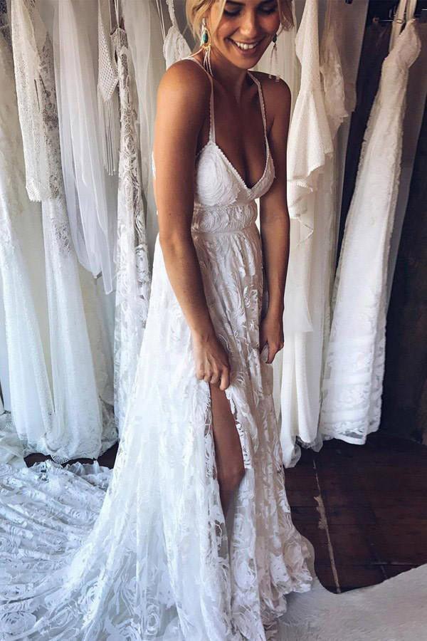 NumberSea - NumberSea Charming Ivory Lace Floor Length V Neck Long Wedding Dresses on Line, MW237