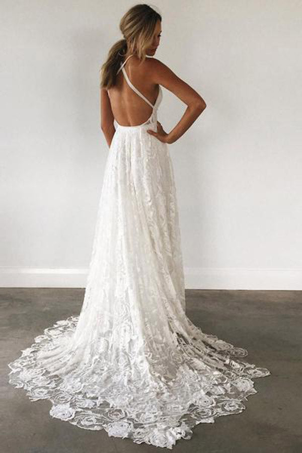 NumberSea - NumberSea Charming Ivory Lace Floor Length V Neck Long Wedding Dresses on Line, MW237