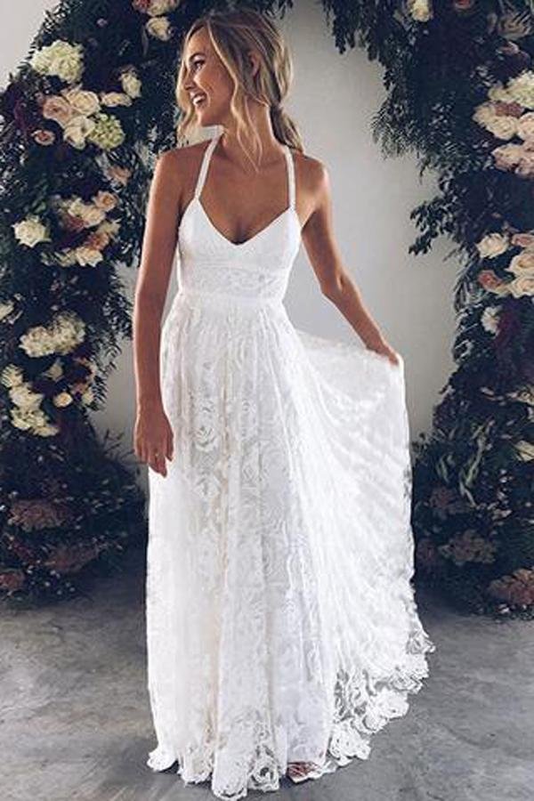 NumberSea - NumberSea Charming Ivory Lace Floor Length V Neck Long Wedding Dresses on Line, MW237