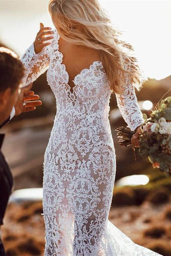 NumberSea - NumberSea Charming Long Sleeve See Through Lace Rustic Mermaid Wedding Dress,MW266