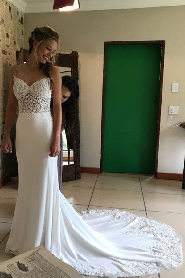 NumberSea - NumberSea Charming Mermaid Sweetheart Open Back White Lace Long Wedding Dresses with Train,MW473