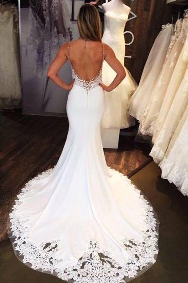 NumberSea - NumberSea Charming Mermaid Sweetheart Open Back White Lace Long Wedding Dresses with Train,MW473