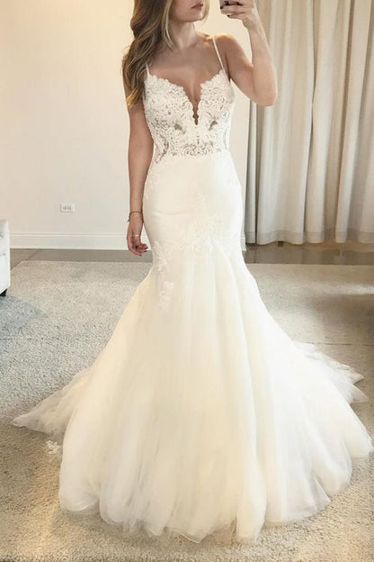 NumberSea - NumberSea Charming Mermaid V - neck Open Back Spaghetti Straps Lace Wedding Dresses with Train,MW421