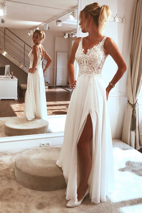 NumberSea - NumberSea Charming Spaghetti straps Appliques Lace Wedding Dress,Split Chiffon Beach Wedding Dress,MW359