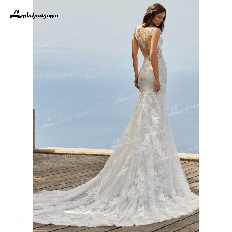 NumberSea - NumberSea Charming Tulle & Soft Satin Mermaid Wedding Dresses V - Neck Sleeveless Illusion Lace Appliques Chapel Train Bride Gowns Trouwjurk