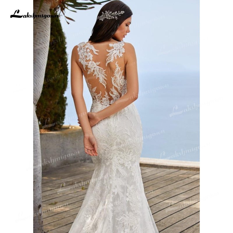 NumberSea - NumberSea Charming Tulle & Soft Satin Mermaid Wedding Dresses V - Neck Sleeveless Illusion Lace Appliques Chapel Train Bride Gowns Trouwjurk