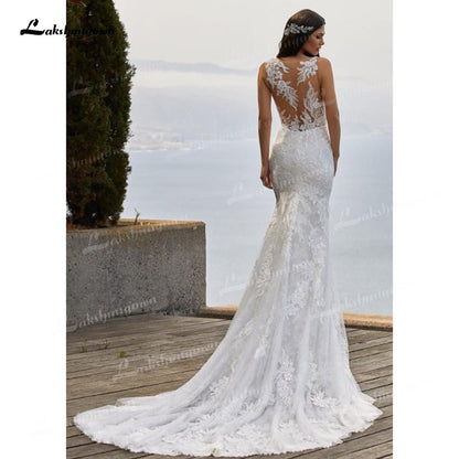 NumberSea - NumberSea Charming Tulle & Soft Satin Mermaid Wedding Dresses V - Neck Sleeveless Illusion Lace Appliques Chapel Train Bride Gowns Trouwjurk