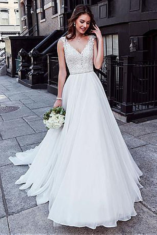 NumberSea - NumberSea Charming Tulle V - neck A - line Wedding Dress With Beaded Lace Appliquess,MW318