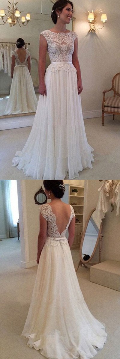 NumberSea - NumberSea Cheap A - line Lace Top Backless Bridal Dresses Long Beach Wedding Dress, MW104