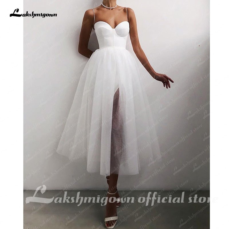 NumberSea - NumberSea Cheap A Line Short Wedding Dress 2021 Spaghetti Straps Simple Bride Dresses Tea Length Weddin Party Gowns