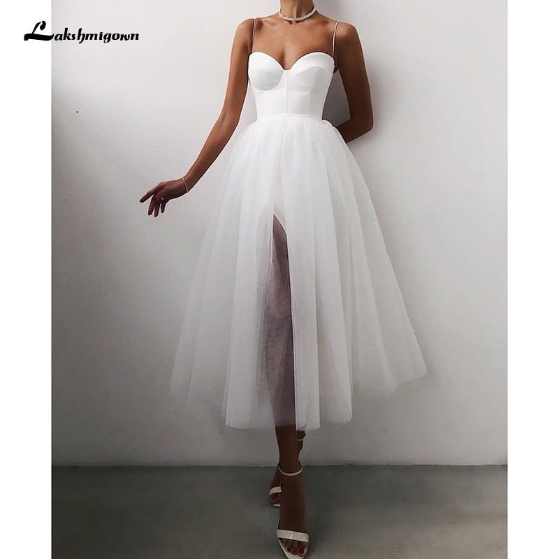 NumberSea - NumberSea Cheap A Line Short Wedding Dress 2021 Spaghetti Straps Simple Bride Dresses Tea Length Weddin Party Gowns