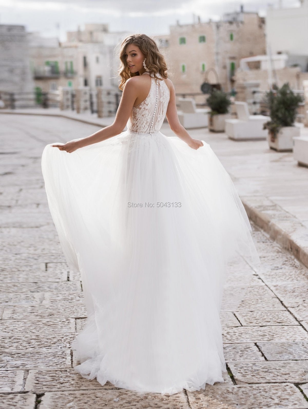 NumberSea - NumberSea Cheap Halter A Line Soft Tulle Wedding Dresses 2021 Inside Lace Appliques Beaded Sash Sleeveless Floor Length Turkey Bridal Gown