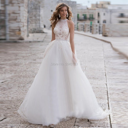 NumberSea - NumberSea Cheap Halter A Line Soft Tulle Wedding Dresses 2021 Inside Lace Appliques Beaded Sash Sleeveless Floor Length Turkey Bridal Gown