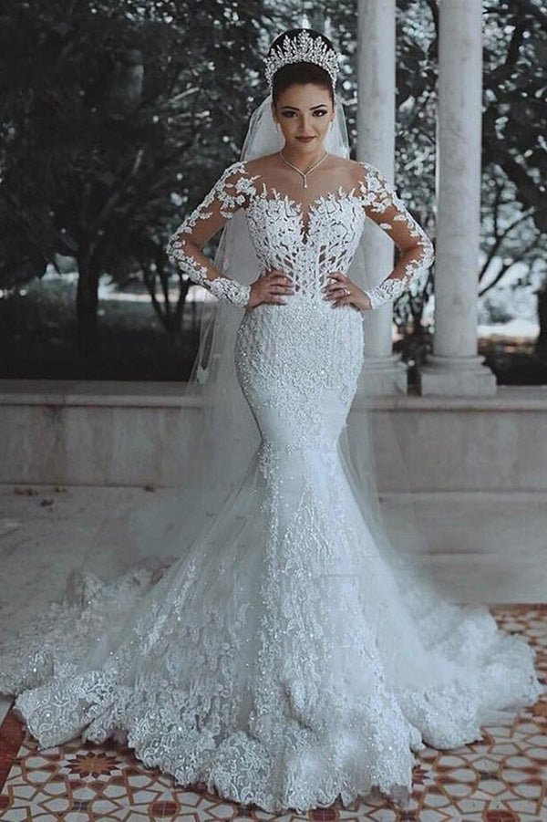 NumberSea - NumberSea Cheap Long Sleeve Lace Wedding Dress Mermaid Bridal Gowns,MW291